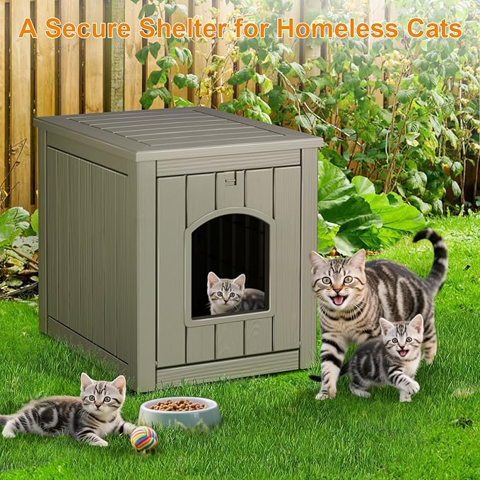 Cat House Outdoor Indoor - All-Weather Resin Cat Houses for Outdoor Cats, Durable & Insulated Pet Shelter for Garden Patio Backyard