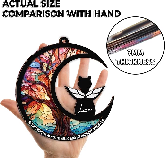 6" Cat Angel Memorial Suncatcher, Engraved Pet Memorial Ornament, Pet Sympathy Keychain, Loss of Animal Sympathy Card, Rainbow Bridge Cat Loss Gift, My Favorite Hello Hardest Goodbye PS191