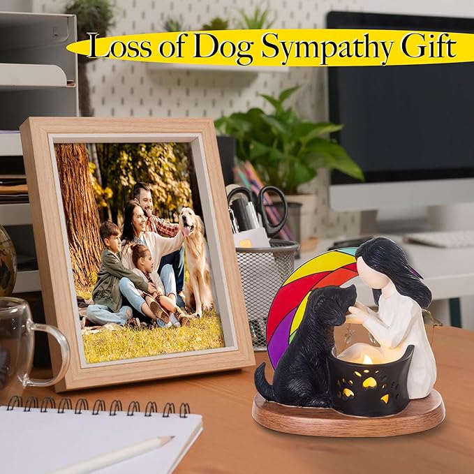 Dog Memorial Gifts with Rainbow Bridge,Hand-Sculpted Resin Pet Loss Sympathy Gift with LED Candle Holder, Home Decor for Pet Owners