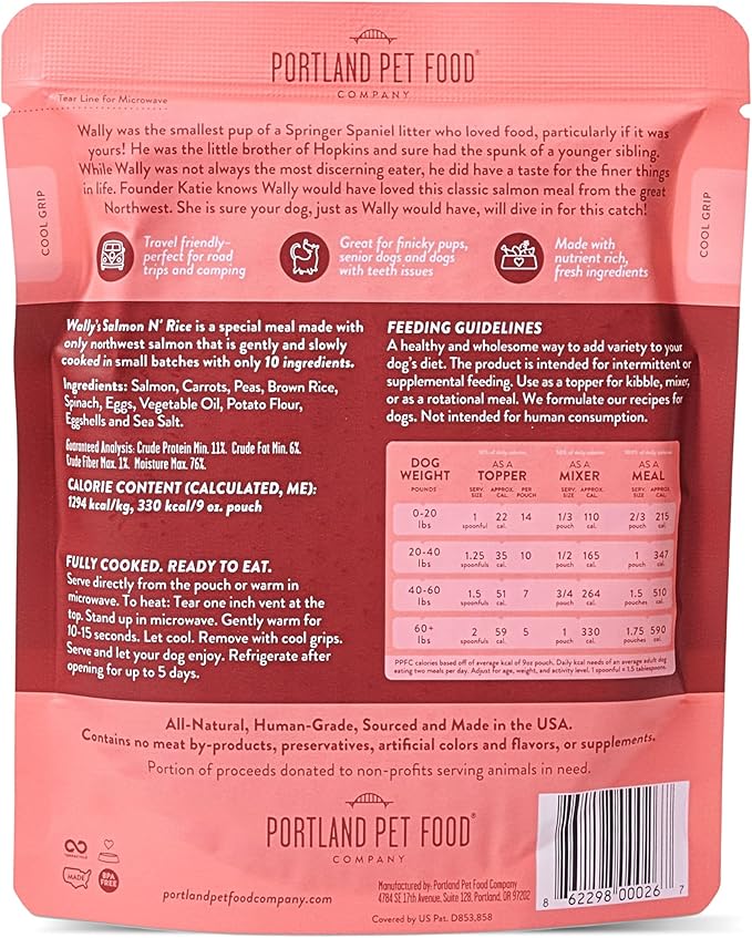 Portland Pet Food Company Wally’s Salmon N’ Rice Fresh Dog Food Pouches Human-Grade, Gluten-Free Wet Pet Meal Toppers Mix-Ins & Meals - Large & Small Breed, Puppy to Senior - Made in the USA - 8 Pack