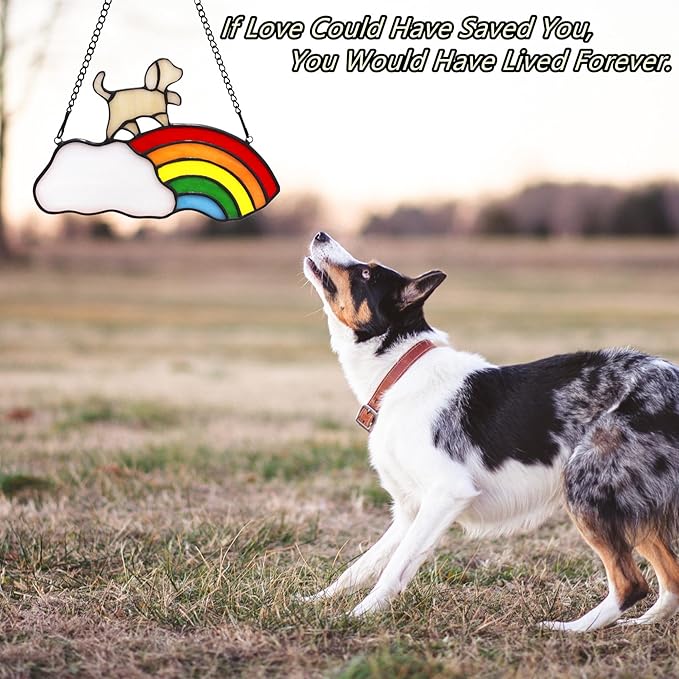 Stained Glass Rainbow Bridge Pet Memorial Gifts for Dogs,Yellow Dog Memorial Gifts for Loss of Dog,Suncather for Window Hanging,in Memory of Dog Passing Away Gifts,Loss of Dog Sympathy Gift
