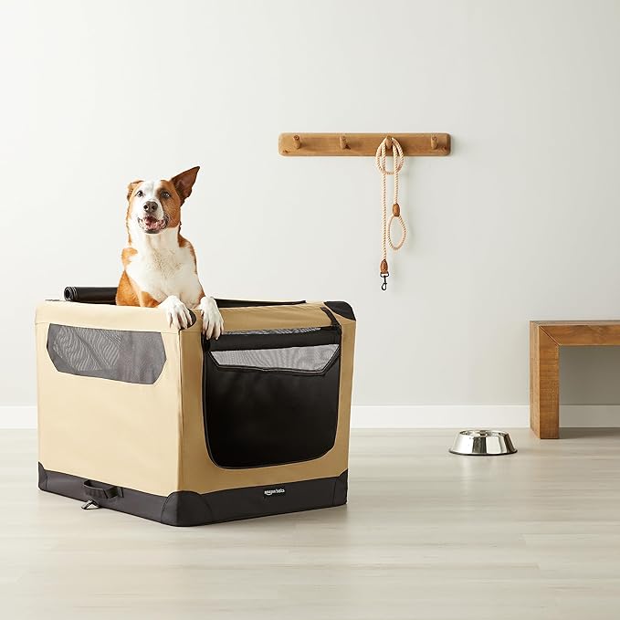 Amazon Basics Folding Soft Crate for Cat, Dog, Rabbit, Portable and Collapsible, 36 Inch, Tan, L 36" x 24" x 24"