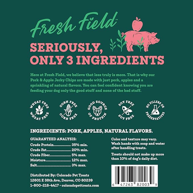 Fresh Field Pork & Apple Jerky Chips, 14 oz – All-Natural Dog Treats, USA Made, Supports Digestion & Nervous System
