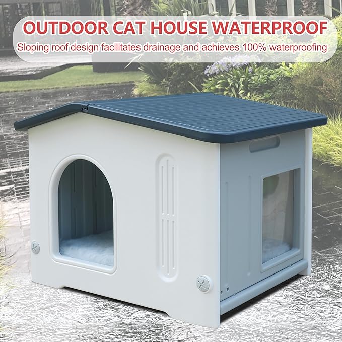 Waterproof Outdoor Cat House with Escape Door, Plastic Cat House for Feral Cats Outdoor Cat House with Mat, Sturdy Cat House for Outdoor Cats, Assemble Easily-Grey