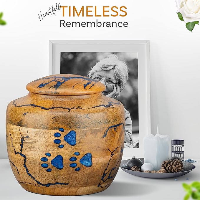 INTAJ Wooden Pet Urns for Dogs/Cats Ashes - Blue Resin Paws & Lichtenburg Design - Keepsake Cremation Urn Box, Pet Memorial Wooden Urns for Ashes, Small to Large Sizes (Odyssey, Large)
