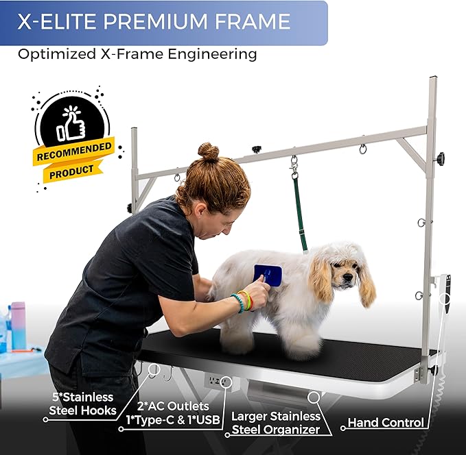 Burano Professional Super Low-Step Electric Dog Grooming Table 49.2", Heavy Duty, Anti-Slip Tabletop, Height Adjustable Dog Table with Lockable Casters, Stainless Grooming Overhead Arm