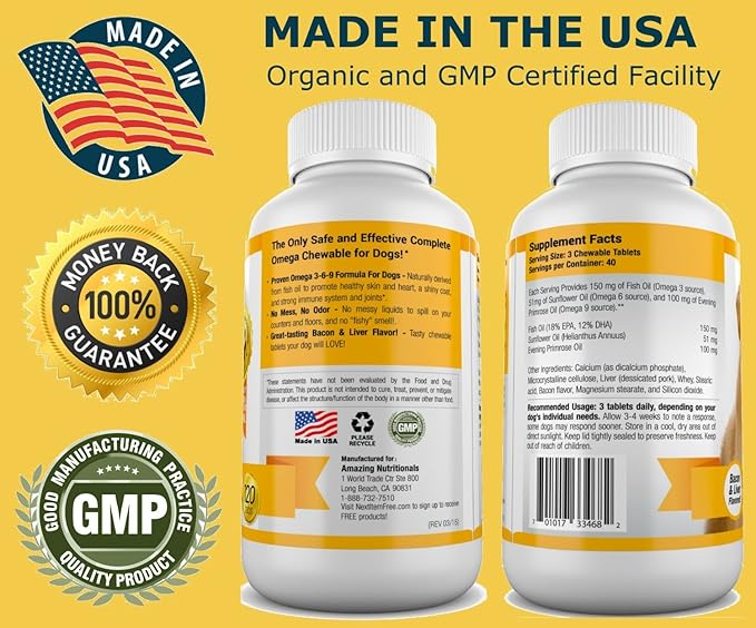 Amazing Omega 3 for Dogs - Omega 3 Fish Oil for Dogs Supplement for Itchy Skin Relief for Dry Skin and Hot Spots and Shedding Coat with EPA and DHA Fatty Acids - 120 Bacon Flavor Chews
