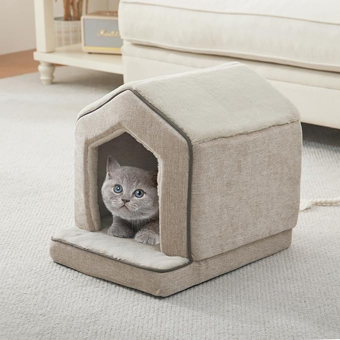 Orthopedic Cat Houses for Indoor Cats,Small Dogs,Super Soft Cat Bed Cave,Condos, Cubes,Cat Hideaway,Covered,Cat Bed for Kitty Small Medium Large Pet (Beige, 18" L x 15" W x 17" Th)