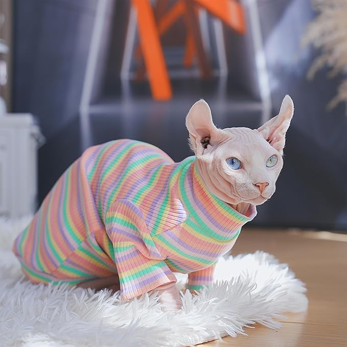 PUMYPOREITY Sphynx Cat Clothes: Soft, Stretchy Rainbow Sweater & Turtleneck Pullover Jumpsuit - XL