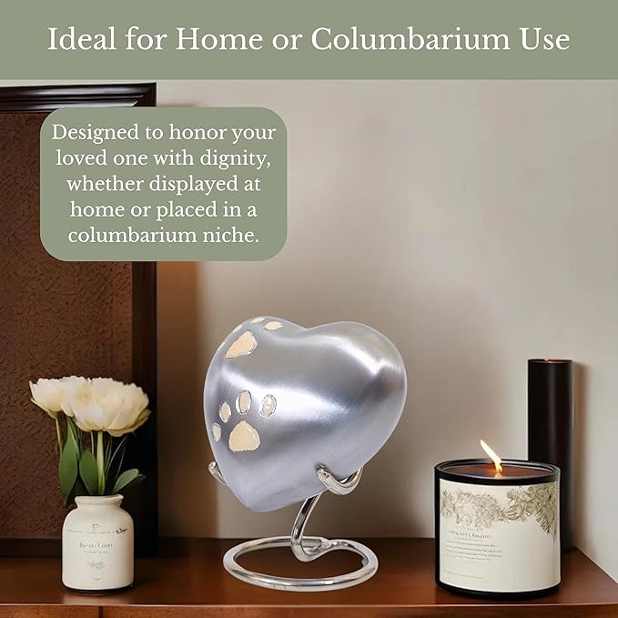 NORSE'S TRADECRAFT Pet Memorial Urn for Ashes| Heart Urn with Paw Engraved Design | Handcrafted Memorial Gifts | Pet Loss Sympathy Gift |Ashes Keepsake with Velvet Box and Stand | Silver - 3 cu in