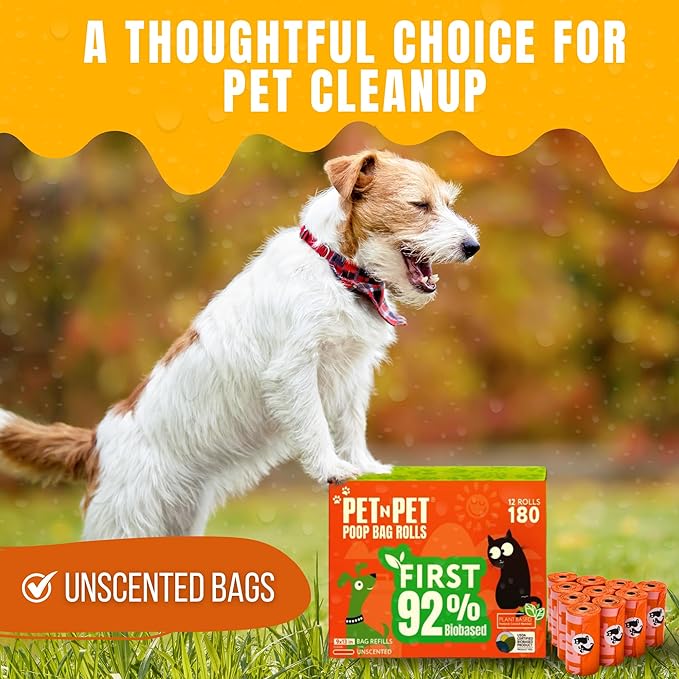 Pet N Pet 180 Counts Dog Poop Bags Rolls, 92% Plant Based Poop Bags for Dogs, Leak Proof Thick Doggie Poo Bag, Unscented Cat & Dog Waste Bag