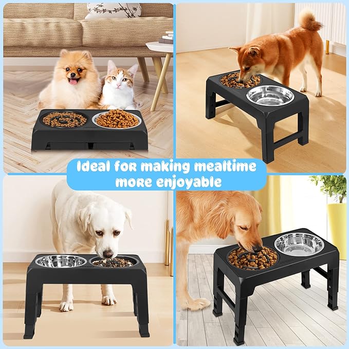 URPOWER Raised Slow Feeder Dog Bowls 4 Height Adjustable Elevated Bowl Stand with Stainless Steel Water Bowl and Slow Feeder Non-Slip Dog Food Bowls Stand for Small Medium Large Dogs and Pets