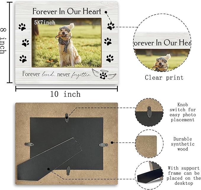 FONDCANYON Forever in Our Heart Pet Memory Picture Photo Frame,Pet Dog Cat Memorial Picture Frames,Pet Loss Sympathy Gift,Sympathy Gifts For Loss Of Dog,Passed Away Dog Memorial Gifts(5x7 Inch Photo) (Color2)