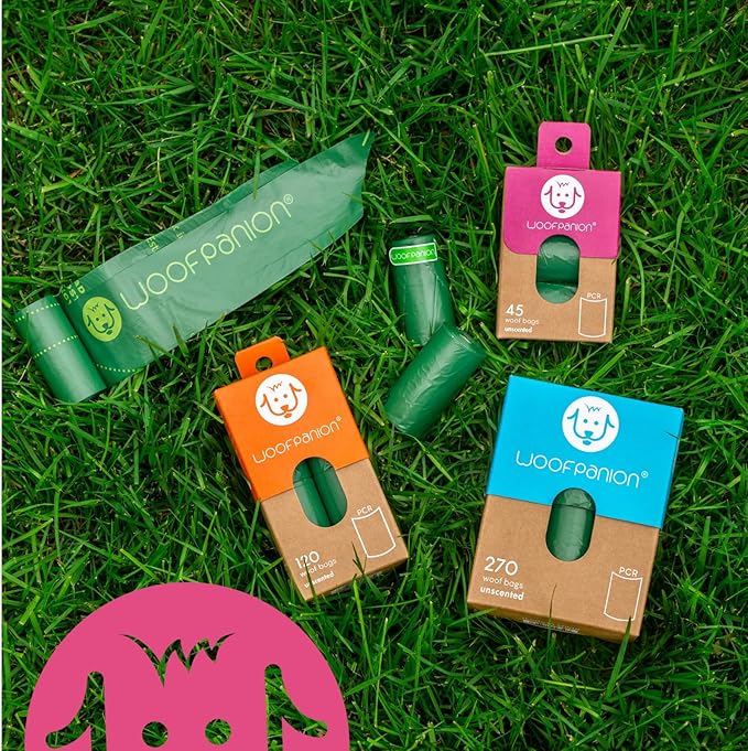 Woofpanion Improved Dog Poop Bags - Extra Strong Leak Proof Waste Bags Made from Recycled Plastic Unscented Refill Rolls for Easy Cleanup 8 rolls | 120 bags