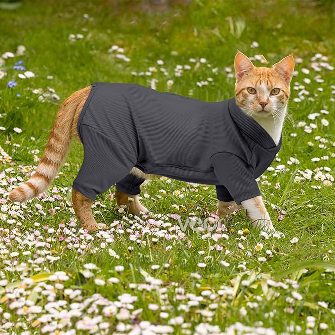 Sticky Hair Cat Clothes, Breathable & Lightweight, Reduces Shedding Fur Pajamas, Full Body Long Sleeve Surgical Bodysuit, Stop Licking & Shedding,Darkgrey,2XL