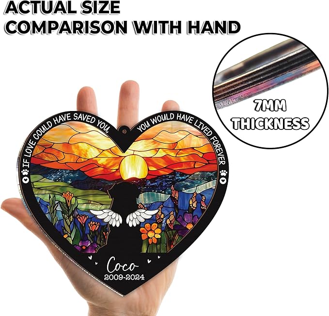 Personalized Angel Dog Memorial Suncatcher, Heart Suncatcher Remembrance Gift, Engraved Pet Memorial Ornament, Pet Sympathy Keychain, Loss of Animal Sympathy Card, Rainbow Bridge Dog Loss Gift