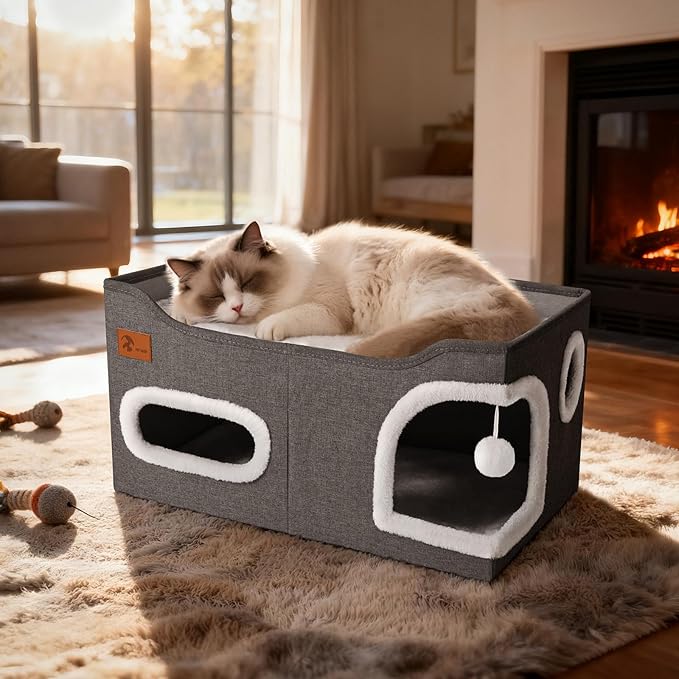 Petizer 23.8 Inches Large Cat Houses for Indoor Cats -Cute Cat Houses & Condos, Foldable Cat Cave Bed with Fluffy Ball and Scratch Pad, Cat Hideaway for Kittens, Kitty, Multi Small Pets, Dark Grey
