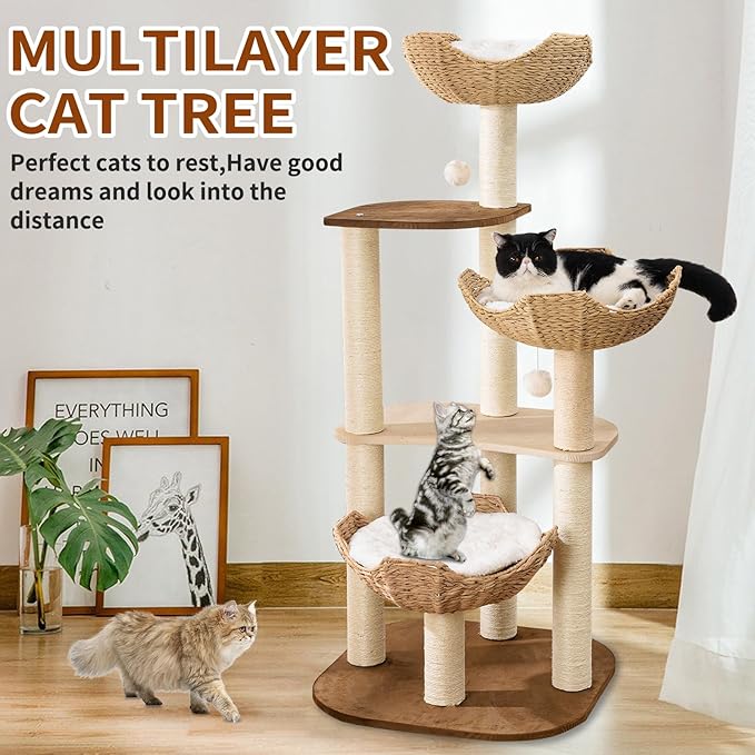 Big Modern Design Cat Tree Tower with White Cloud Mat, Unique Cat Supplies Tower with Scratching Post, Cute Wood Cat Tree Cat Furniture Activity Centre for Indoor Big Cats