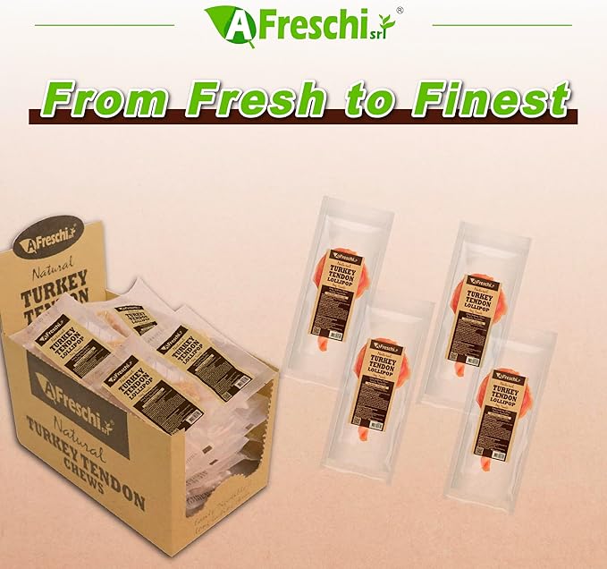 AFreschi Turkey Tendons for Dogs, USA-Sourced, Healthy Dog Treats, Rawhide-Free Puppy Chews, Long Lasting, All Natural, Hypoallergenic Dog Treats for Small Breeds, 4 Count Pack Lollipop (S)