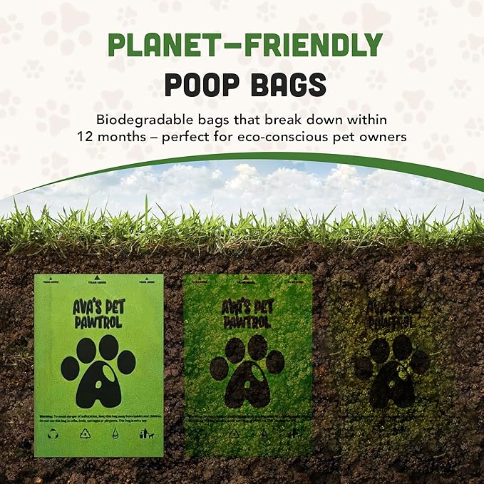 Ava’s Pet Pawtrol Dog Poop Bags Rolls w/Dispenser - 300 Biodegradable, Extra Thick, Leakproof, Heavy Duty Poop Bags for Dogs, Lavender Scented, Odor Control, Easy-Tear, Eco-Friendly, Puppy Essentials