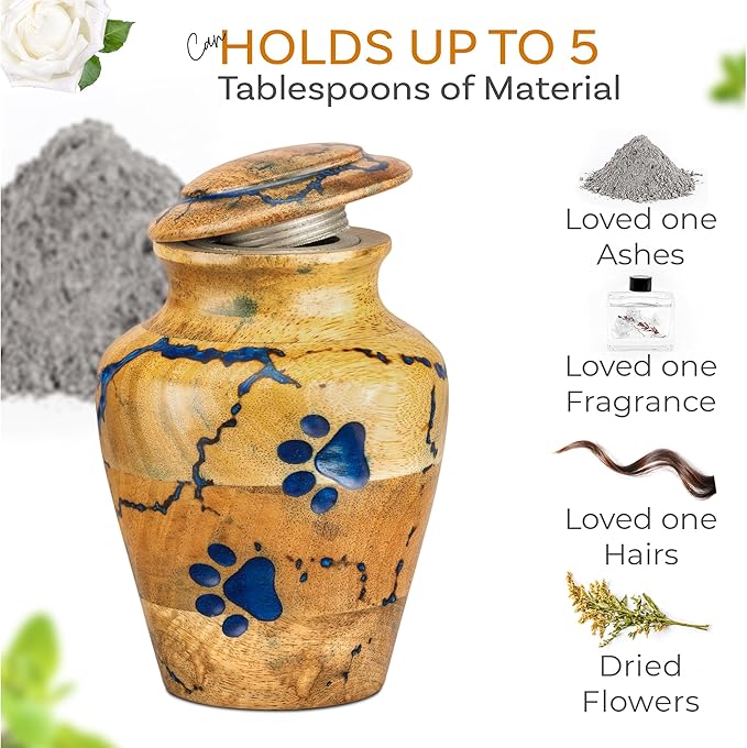 INTAJ Wooden Pet Urns for Dogs/Cats Ashes - Blue Resin Paws & Lichtenburg Design - Keepsake Cremation Urn Box, Pet Memorial Wooden Urns for Ashes, Small to Large Sizes (Classic, Small)