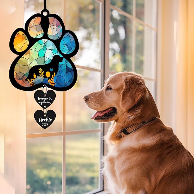 LOVELYPOD Personalized Dog Memorial Suncatcher, Custom Pet Memorial Gifts for Loss of Dog, SunCatcher Gift for Someone Who Lost A Pet, Stained Glass Acrylic Sympathy, Hanging Garden Decor with Paw