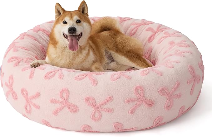 LE SURE Donut Large Dog Bed - Round Cat Beds for Indoor Anti-Anxiety Calming Pet Beds, Washable Cute Modern Beds with Jacquard Shaggy Plush & Anti Slip Bottom, 36 Inch, Pink Taffy
