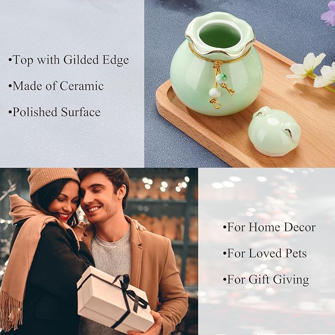SOITIS Pet Memorial Urn for Cat or Dog Ashes - 3.54"x3.15" Elegant Ceramic Keepsake Holder with Cat-Shaped Lid & Gold Trim, Small Cyan Urn for Pet Ashes