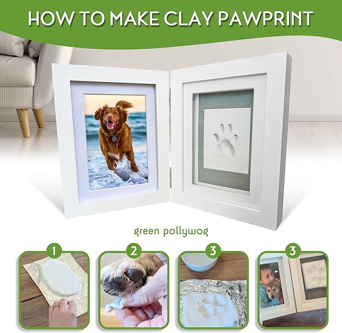 Green Pollywog | Paw Print Pet Keepsake Hinge Photo Frame + Clay Print Kit | Tabletop Photo Frame + Extra-Large Air-Dry Clay Imprint Kit | 4” x 6” Picture Openings