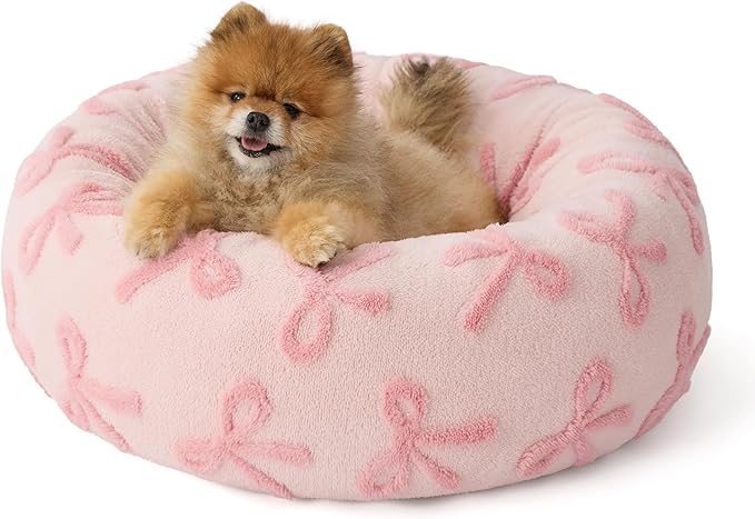 LE SURE Donut Small Dog Bed - Round Cat Beds for Indoor Cats Anti-Anxiety Calming Pet Beds, Washable Cute Modern Beds with Teddy Sherpa Plush & Anti Slip Bottom, 23 Inch, Pink Taffy