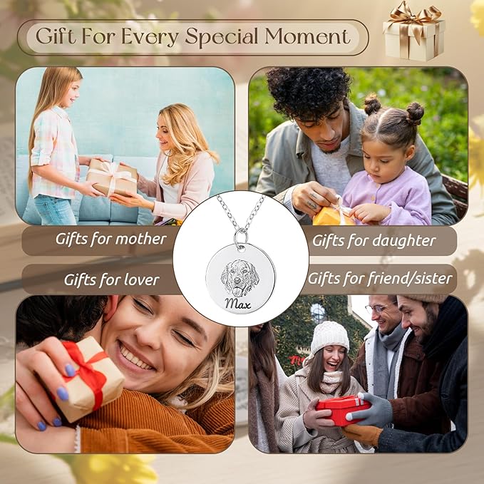 Personalized Pet Portrait Necklace Customized Pet Memorial Necklaces Dog Necklace for Women Custom Pets Necklaces Dog Memorial Jewelry for Cat Mom Dogs Dad (Silver 3 Portrait)