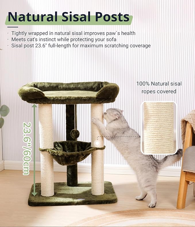Happi N Pets 28" Large Cat Tree Tower for Indoor Cats, Cat Scratch Post with Large Bed for Maine Coon Big Cats, Sisal Cat Scratcher with Soft Perch & Hammock, Stable Cat Stand, Removable Cover-Green