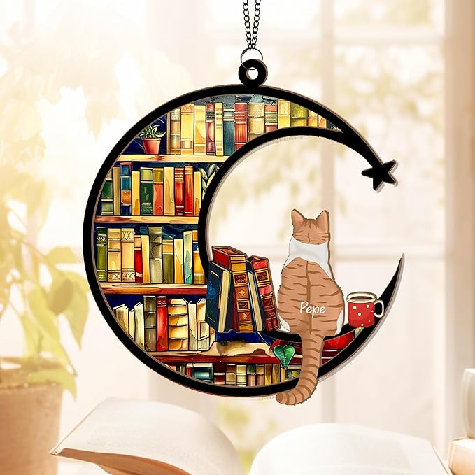 Personalized Pet Memorial Suncatcher – Custom Cat Book Suncatcher with Name & Breed, Memorial Keepsake for Cat Lovers, Home Décor Gift for Nerds, Librarians & Readers