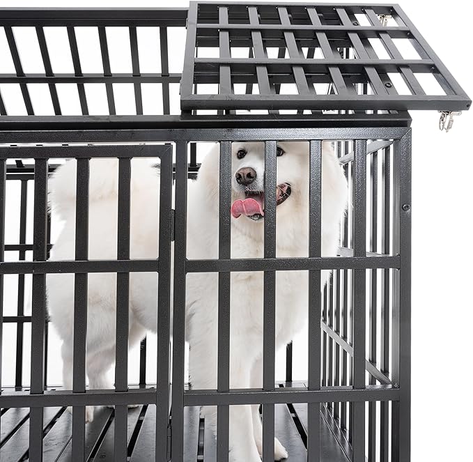 52 Inch Heavy Duty Dog Crate Indestructible and Escape-Proof Dog Crate Cage Kennel for Large/Medium Dogs Extra Large XL XXL with Wheels Removable Tray Double Door