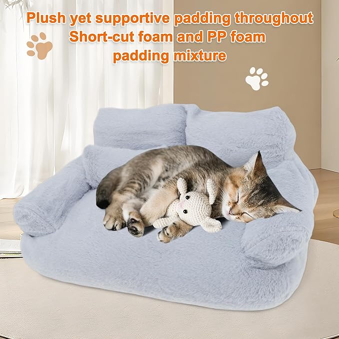 Cat Sofa, Pet Bed with Bolstered Edges, Extra Plush Sponge Padding, Cat Beds for Indoor with Removable Washable Cover, Non-Slip Bottom, Grey