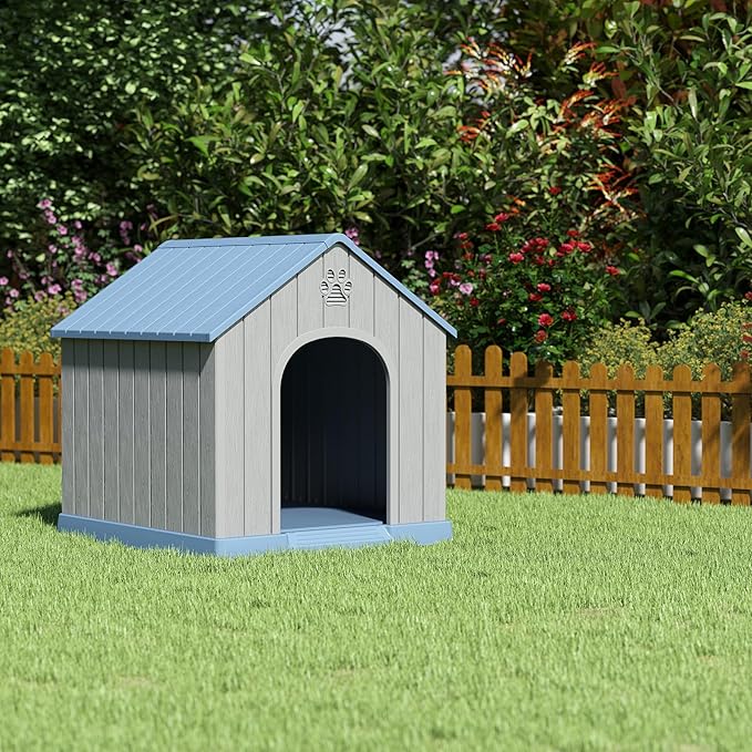 Large Dog House Outdoor Indoor for Medium Large Dogs, Durable Plastic Waterproof Doghouse with Air Vents and Elevated Floor, Easy Clean and Assemble (Classic Blue, 36.2''LĂ38''WĂ38''H)