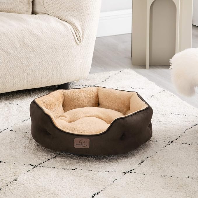 Bedsure Dog Beds for Small Dogs - Round Cat Beds for Indoor Cats, Washable Pet Bed for Puppy and Kitten with Slip-Resistant Bottom, 20 Inches, Brown