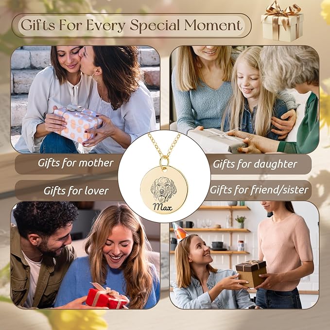 Personalized Pet Portrait Necklace Customized Pet Memorial Necklaces Dog Necklace for Women Custom Pets Necklaces Dog Memorial Jewelry for Cat Mom Dogs Dad (Gold 2 Portrait)