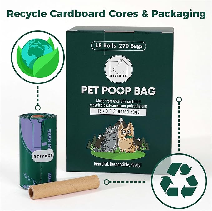 Dog Poop Bags Rolls, Extra Thick and Leak-proof Poop Bags for Dogs, 8 Refill Rolls, Scented Waste Bag for Dog and Cat, Made form 65% Recycled Plastics