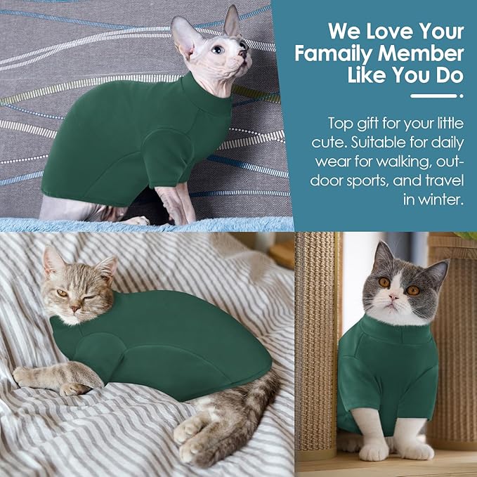 SUNFURA Turtleneck Sweater for Cat, Sphynx Hairless Cats Shirt Sweaters with Sleeves, Warm and Soft Kitten Pullover Fleece Winter Pajamas Jumpsuit for Puppy, Green S