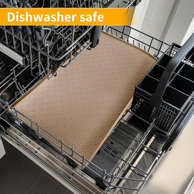 Ptlom Dog Food Mat Anti-Slip Bowl Mats for Food and Water, Waterproof Pet Placemat with High Raised Edges, Silicone Puppy Feeding Tray for Small, Medium Large Dogs Cats, Taupe, 31.5" 23.6"