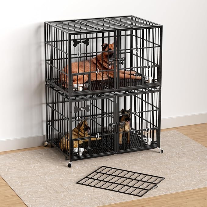 aboxoo 48 inch Stackable Heavy Duty Metal Dog Crate for 4 Dogs/Large Dog,All Metal Open Top Access,Escape Proof Cage,Dog Kennel Indoor with Wheels,Floor Grid, Tray, Divider and Feeding Bowl