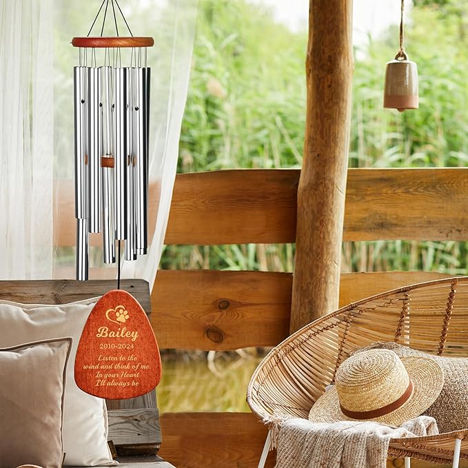Personalized Dog Memorial Gifts for Loss of Dog Pet Memorial Gifts for Dogs Memory Wind Chimes for Loss of Loved One Dogs Sympathy Bereavement Gift Wind Chimes for Outside 25.5''(Design 2, Silver)