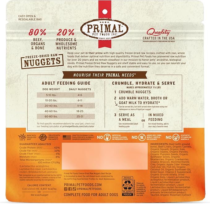 Primal Freeze Dried Raw Dog Food Nuggets, Beef, Complete & Balanced Meal, Also Use as Topper or Treat, Premium, Healthy, Grain Free, High Protein Raw Dog Food, 5.5 oz