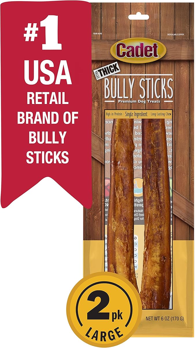 Cadet Bully Sticks for Large Dogs, All-Natural Beef Pizzle, Rawhide-Free Long-Lasting Dog Chews for Aggressive Chewers, Extra-Thick, 2 Count