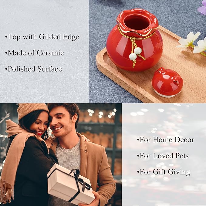 SOITIS Engraving Customized Pet Memorial Urn for Cat or Dog Ashes - 3.54"x3.15" Elegant Ceramic Keepsake Holder with Cat-Shaped Lid & Gold Trim, Small Red Urn for Pet Ashes
