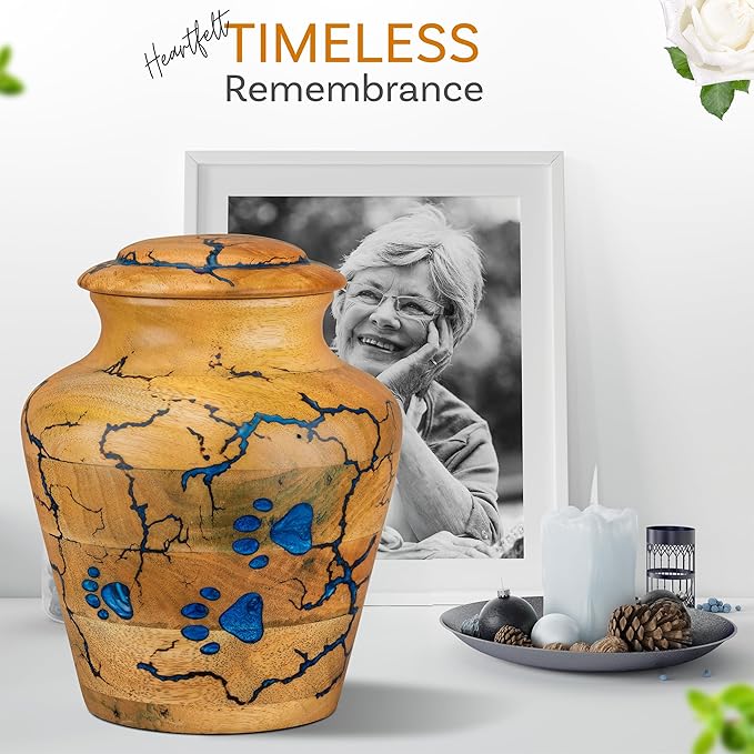 INTAJ Wooden Pet Urns for Dogs/Cats Ashes - Blue Resin Paws & Lichtenburg Design - Keepsake Cremation Urn Box, Pet Memorial Wooden Urns for Ashes, Small to Large Sizes (Classic, Large)