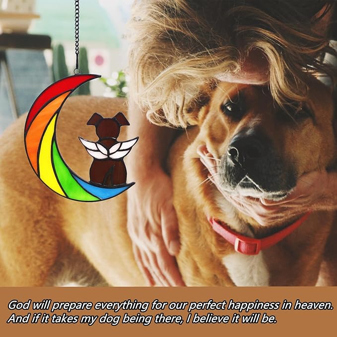 Stained Glass Rainbow Bridge Brown Dog Memorial Gifts for Loss of Dog Sympathy Remembrance Suncatcher, Thoughtful Pet Loss Bereavement Gifts in Memory of Pet Passing Away Window Hanging.