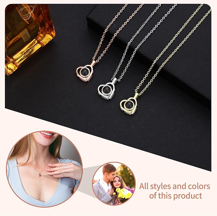 Easycosy Personalized Picture Necklace Projection Necklace with Photo Inside - Custom Photo Heart Pendant Necklace - Photo Gifts Valentines Birthday Love Memorial Gifts for Girlfriend Wife Women