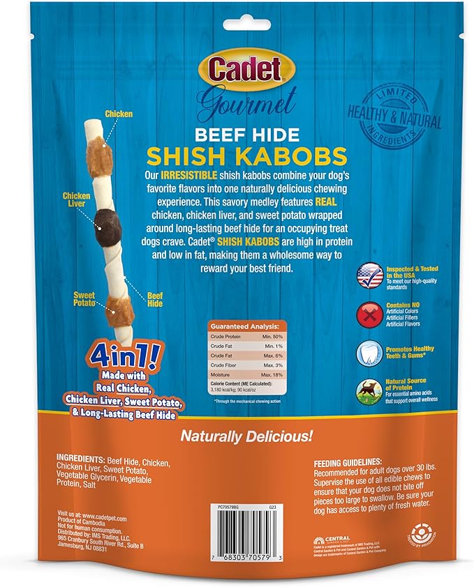 Cadet Gourmet X-Large Triple-Flavored Beef Hide Shish Kabob Dog Treats - Healthy & Natural Chicken, Liver, and Sweet Potato Dog Treats for Dogs Over 30 Lbs., 10 in. (15 Count)